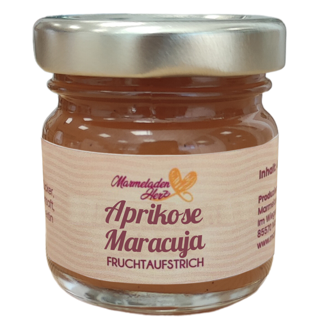 Mini Aprikose Maracuja Fruchtaufstrich 40 g – Marmeladenherz Mini Aprikose Maracuja Fruchtaufstrich 40 g – Marmeladenherz